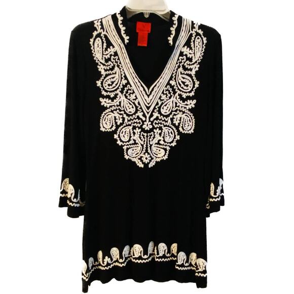 V Cristina Boho Long Bell Sleeve Embroidered Tunic Top Women M  Black White - Picture 3 of 7